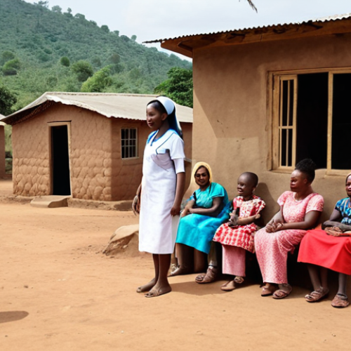 Home 11 **A rural Cameroonian village scene:** A nurse attends to a group of women and children outside a small, basic clinic. The background shows simple mud brick homes and a dry, dusty landscape. Emphasize the challenges of healthcare access in remote areas.