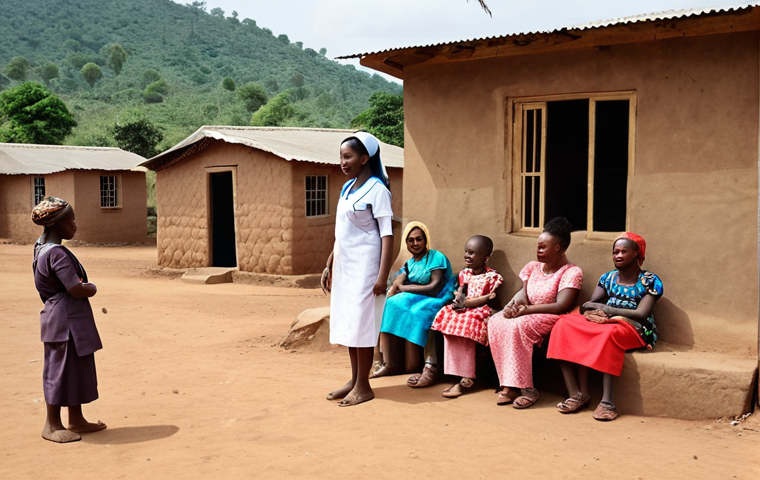 **A rural Cameroonian village scene:** A nurse attends to a group of women and children outside a small, basic clinic. The background shows simple mud brick homes and a dry, dusty landscape. Emphasize the challenges of healthcare access in remote areas.