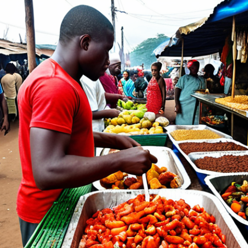 Home 6 **Image Prompt:** A bustling Cameroonian market scene, overflowing with colorful fruits, vegetables, and spices. Focus on a food stall where a vendor is preparing grilled meat skewers. Pay attention to the details of food safety like clean utensils and proper cooking. Capture the lively atmosphere and cultural richness of the market with diverse people interacting.
