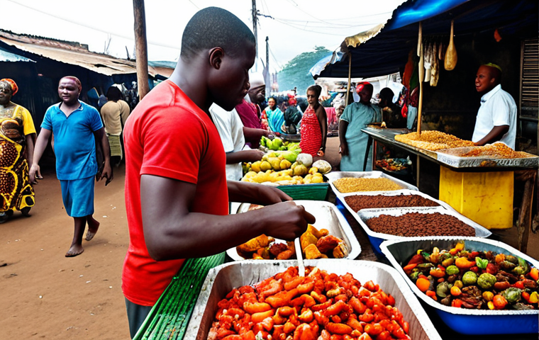 **Image Prompt:** A bustling Cameroonian market scene, overflowing with colorful fruits, vegetables, and spices. Focus on a food stall where a vendor is preparing grilled meat skewers. Pay attention to the details of food safety like clean utensils and proper cooking. Capture the lively atmosphere and cultural richness of the market with diverse people interacting.