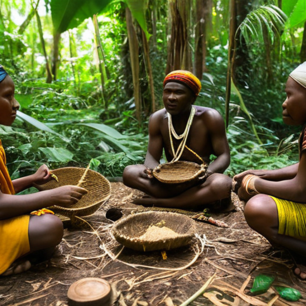 카메룬 역사 및 주요 사건 - **Prompt for Ancient Civilization / Indigenous Life:**
"A vibrant depiction of an ancient Baka (...