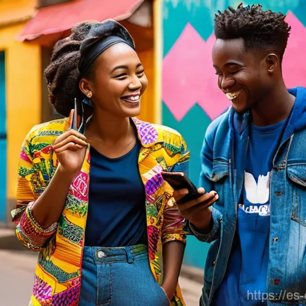 카메룬 청년층의 언어 사용 변화 - **Prompt 1: Urban Youth & Camfranglais Vibe**
A vibrant, sunlit street scene in a bustling Camer...