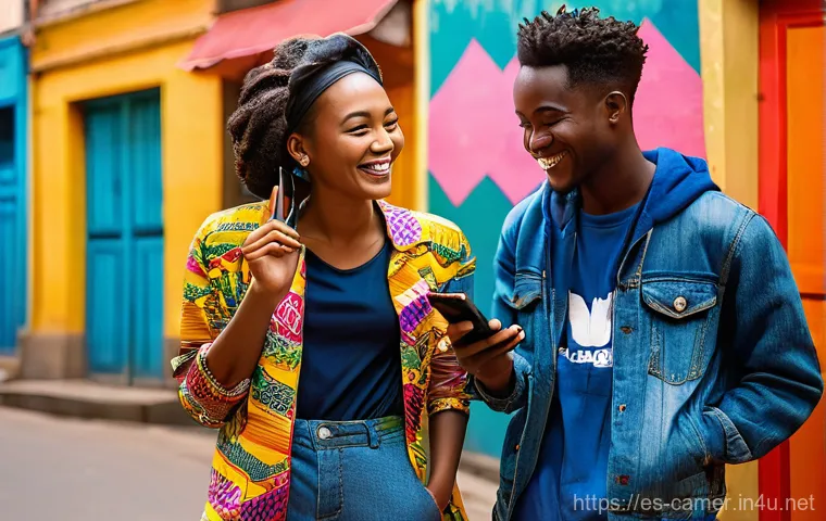 카메룬 청년층의 언어 사용 변화 - **Prompt 1: Urban Youth & Camfranglais Vibe**
A vibrant, sunlit street scene in a bustling Camer...