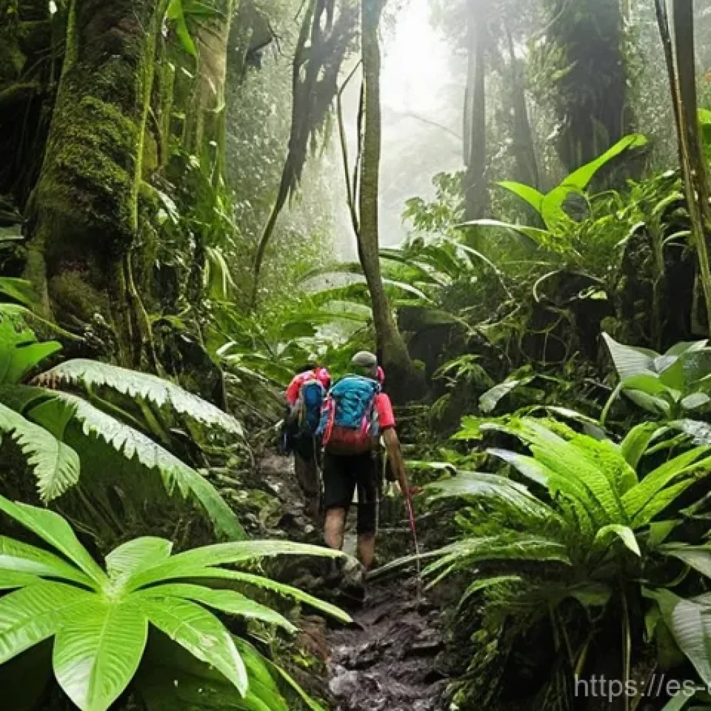 카메룬 몬테 카메룬 화산 등반 - **Prompt 1: Jungle Ascent on Mount Cameroon**
"A group of diverse hikers, approximately 15-20 ye...