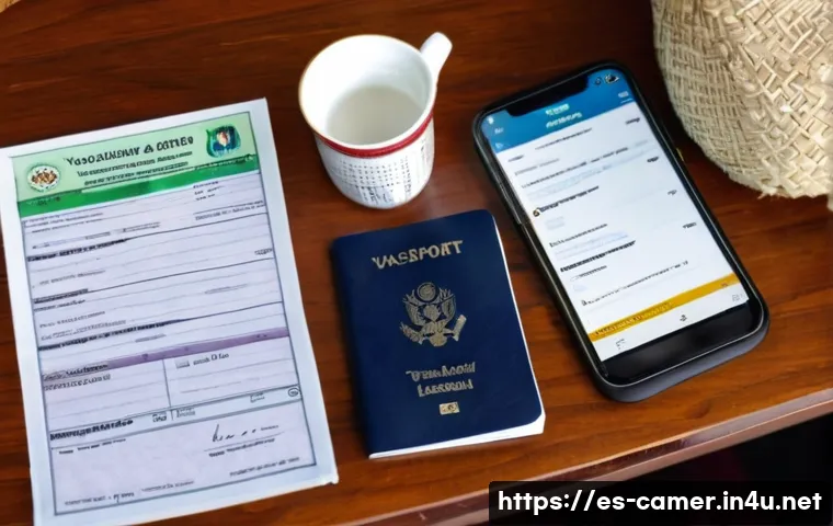 카메룬 입국 시 주의사항 - **A Prepared Traveler's Desk in Cameroon**
A wide shot of a neatly organized wooden desk bathed ...