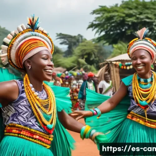 Home 28 카메룬 방문 가이드 - A vibrant scene of a traditional Cameroonian festival featuring dancers in colorful traditional atti...