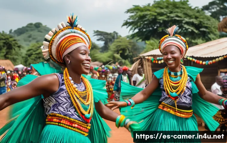 카메룬 방문 가이드 - A vibrant scene of a traditional Cameroonian festival featuring dancers in colorful traditional atti...