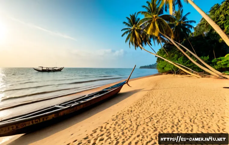 카메룬 크리비 해변 여행 - Photorealistic travel scene at Kribi Beach, Cameroon, wide eye-level composition of golden sand, cal...